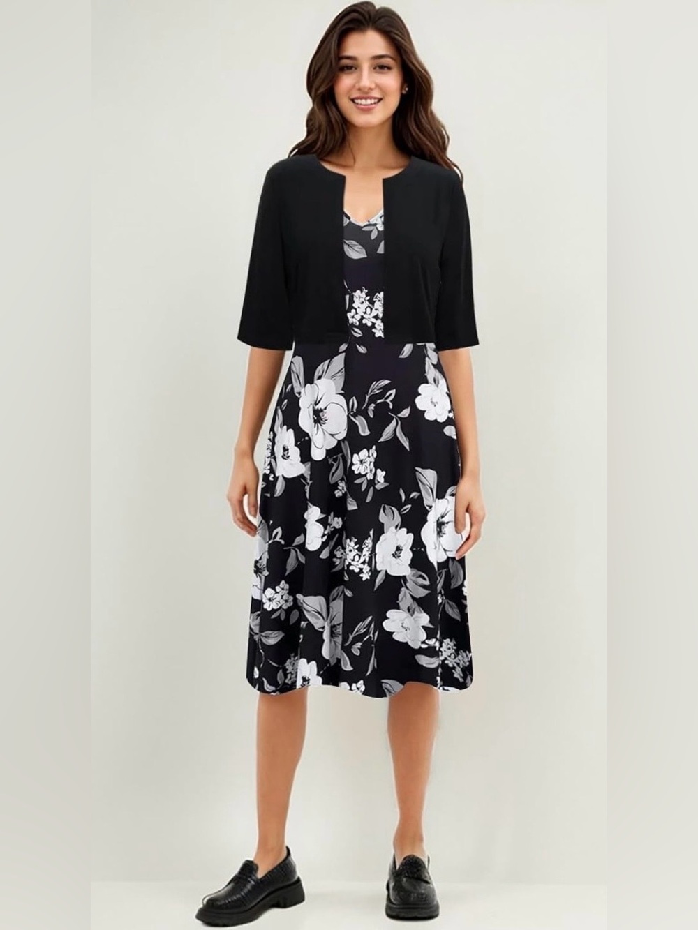 Floral Print Two Piece Floral Black/White/Gray Dress And Black Shrug/Cardigan